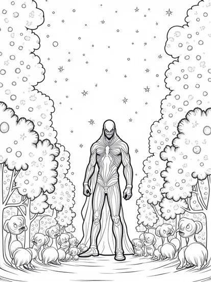 A coloring page of Venom in a cosmic orchard