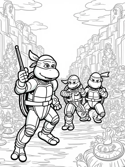 A coloring page of Teenage Mutant Ninja Turtles in candy factory