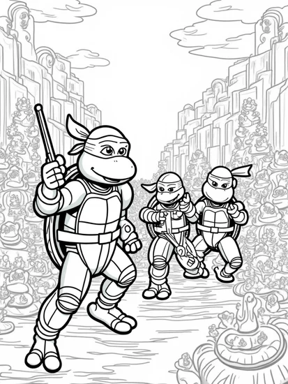 A coloring page of Teenage Mutant Ninja Turtles in candy factory