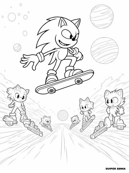 A coloring page of Super Sonic skate park showdown