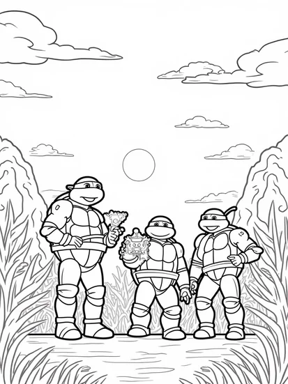 A coloring page of Teenage Mutant Ninja Turtles treasure hunt
