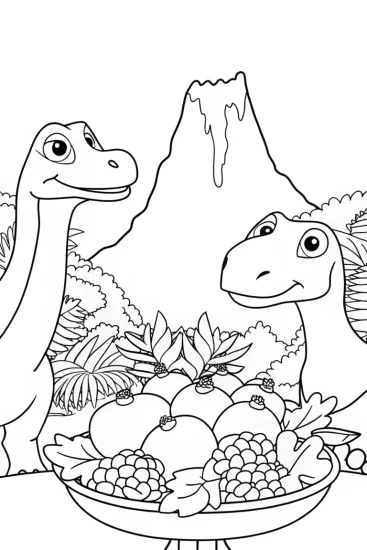 A coloring page of Dinosaurs sharing a Thanksgiving feast