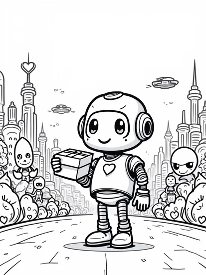 A coloring page of Robot delivering heart-shaped packages