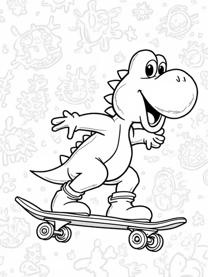 A coloring page of Yoshi skateboarding in space