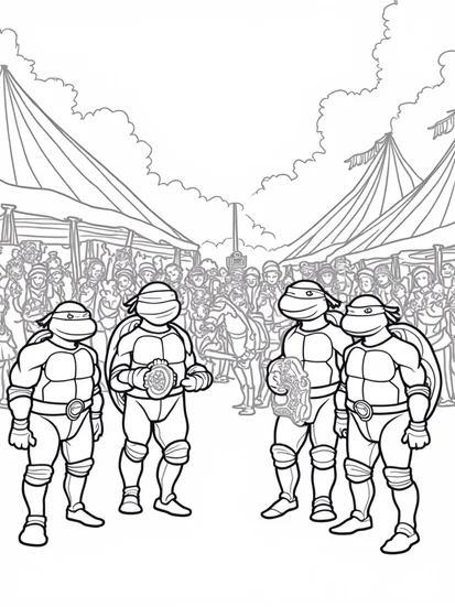 A coloring page of Teenage Mutant Ninja Turtles at fair