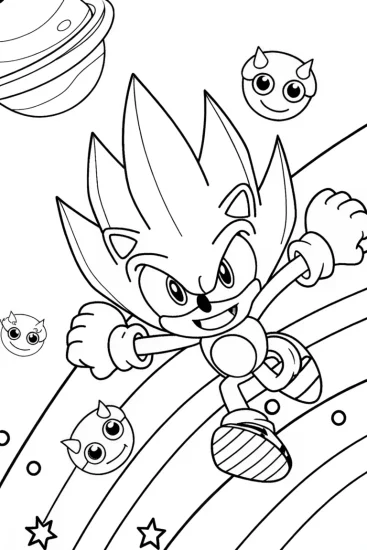 A coloring page of Super Sonic racing in space