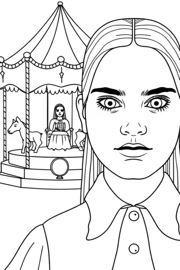A coloring page of Wednesday Addams at the carnival