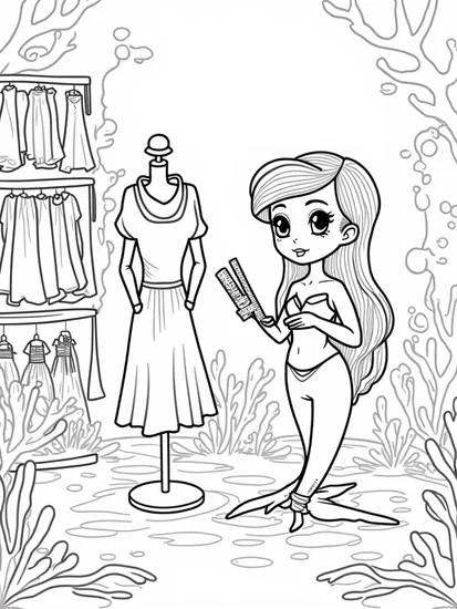 A coloring page of Little mermaid designing outfits