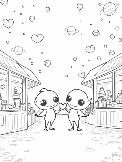 A coloring page of Aliens at the Valentine’s Market