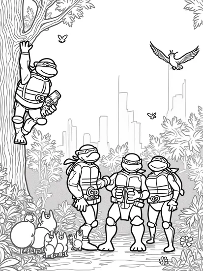 A coloring page of Teenage Mutant Ninja Turtles in nature