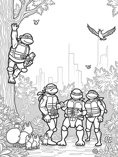 A coloring page of Teenage Mutant Ninja Turtles in nature