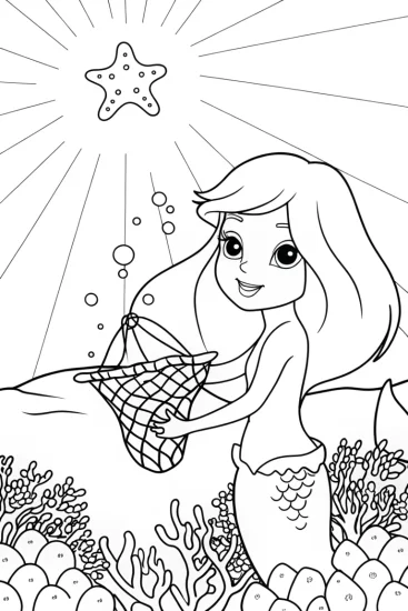 A coloring page of Mermaid exploring a magical reef