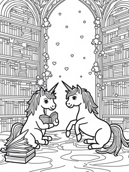 A coloring page of Unicorns in the enchanted library