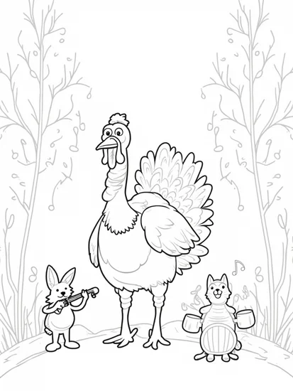 A coloring page of Turkey on a musical adventure