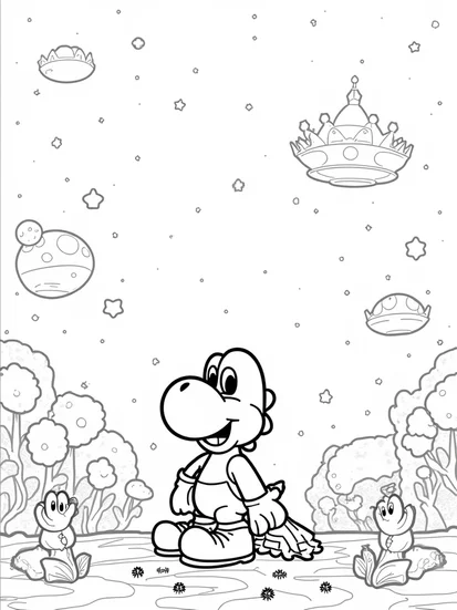 A coloring page of Yoshi gardening on an alien planet
