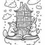 Animals reading in a floating library