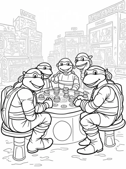A coloring page of Teenage Mutant Ninja Turtles arcade fun