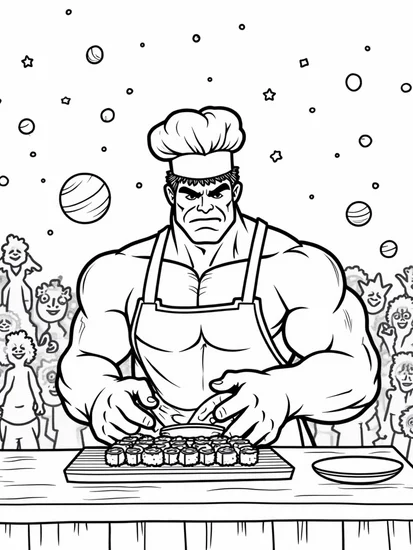 A coloring page of Hulk making sushi in space