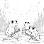 Frogs playing instruments in marsh