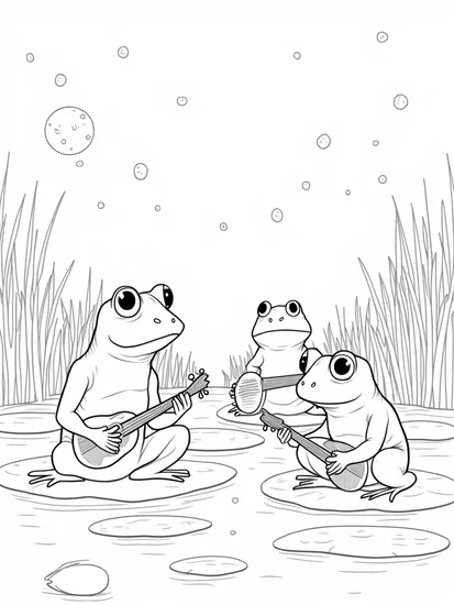 A coloring page of Frogs playing instruments in marsh