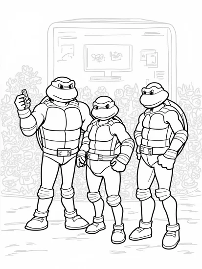 A coloring page of TMNT invention showcase scene