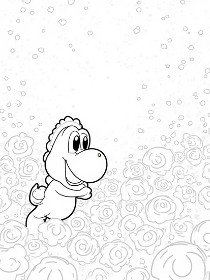 A coloring page of Yoshi in a flower garden
