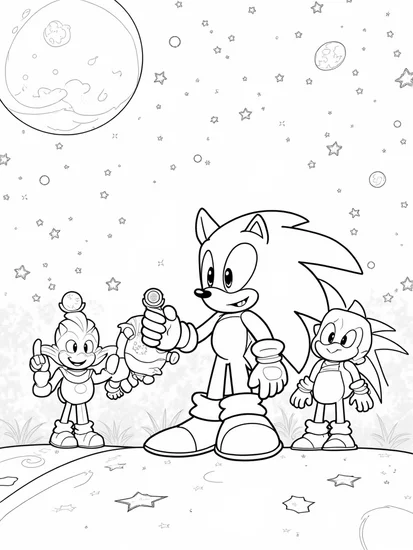 A coloring page of Super Sonic’s stargazing party