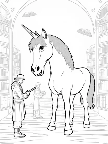 A coloring page of Unicorn in a magical library