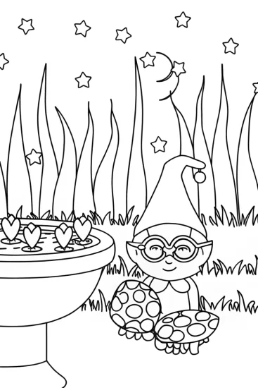 A coloring page of Gnome crafting love potions