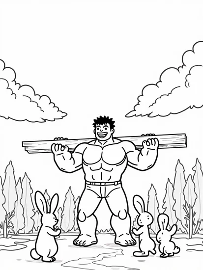 A coloring page of Hulk lifting a wooden beam