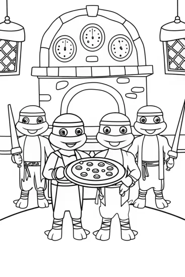 A coloring page of Teenage Mutant Ninja Turtles pizza fun