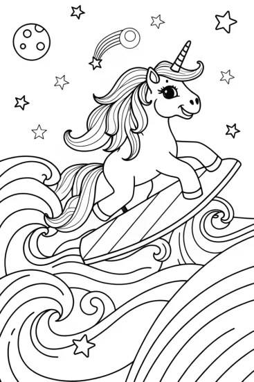 A coloring page of Unicorn surfing on cosmic waves