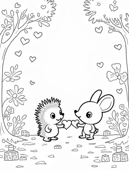 A coloring page of Hedgehog and bunny sharing hearts