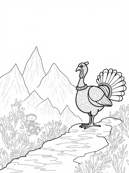 A coloring page of Turkey on a quest in the mountains