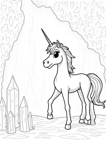 A coloring page of Unicorn exploring a crystal cave