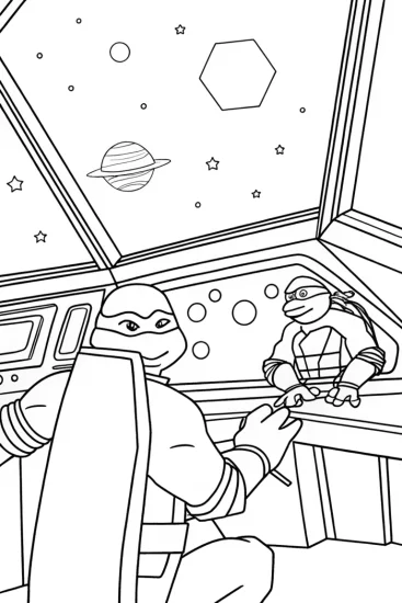 A coloring page of Teenage Mutant Ninja Turtles in space