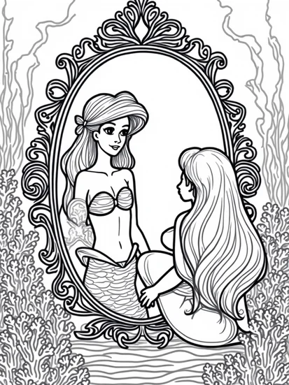 A coloring page of Little mermaid’s reflection scene