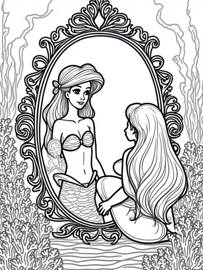 A coloring page of Little mermaid’s reflection scene