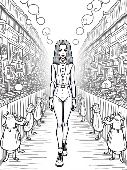 A coloring page of Wednesday Addams in the bazaar
