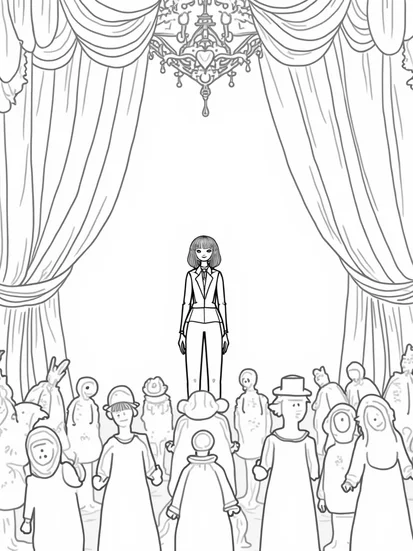 A coloring page of Wednesday Addams in the puppet theater