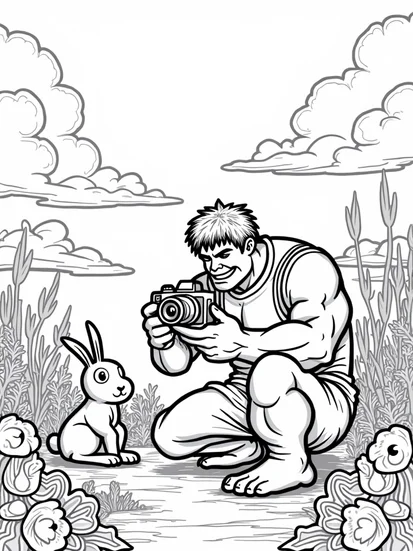 A coloring page of Hulk photographing a bunny