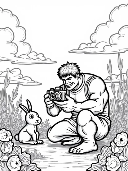 A coloring page of Hulk photographing a bunny