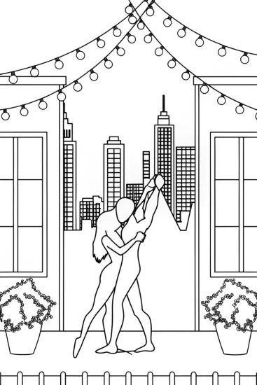 A coloring page of Dancers on a moonlit rooftop