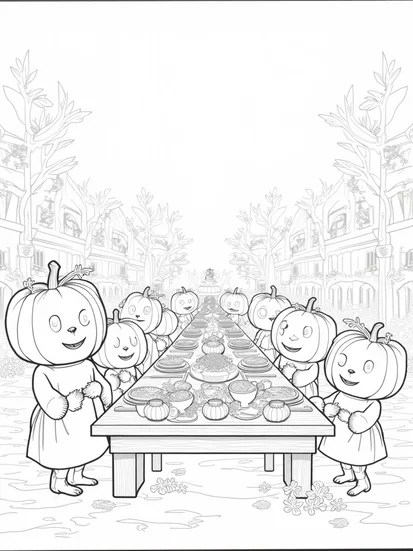 A coloring page of Thanksgiving in the enchanted pumpkin village