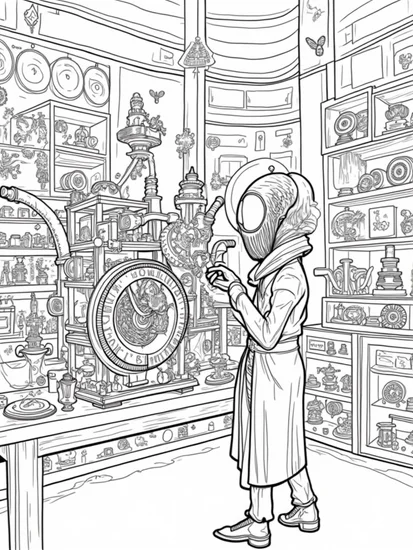 A coloring page of Venom inventing a clockwork machine
