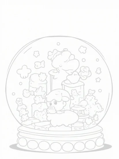 A coloring page of Yoshi inside a snow globe