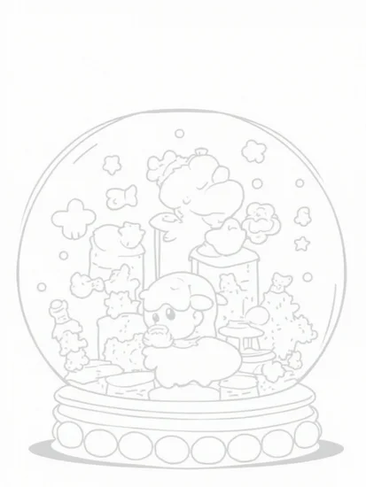 A coloring page of Yoshi inside a snow globe