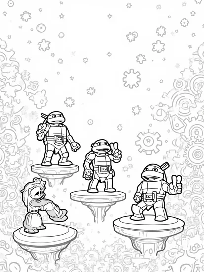 A coloring page of TMNT solving giant puzzles