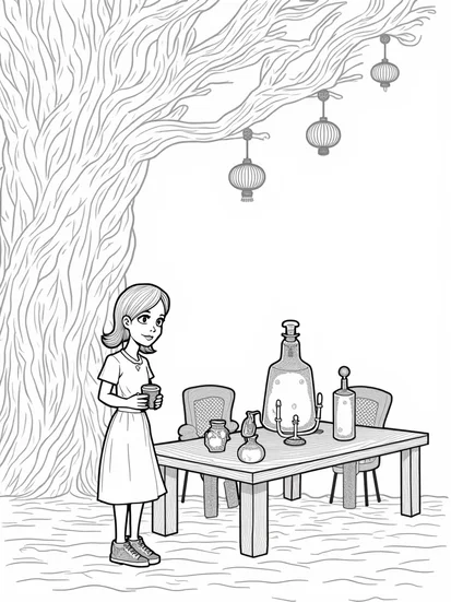 A coloring page of Wednesday Addams at the festival