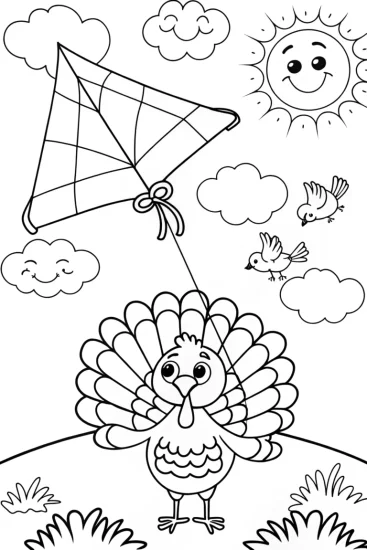A coloring page of Turkey flying a colorful kite